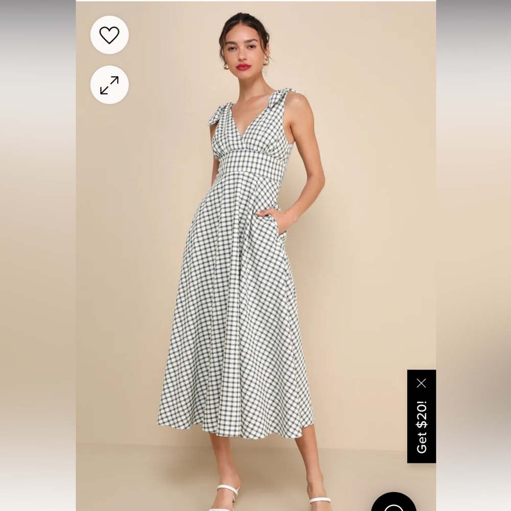 Lulus Sweetest Posture Navy and Cream Gingham Midi Dress With Pockets
